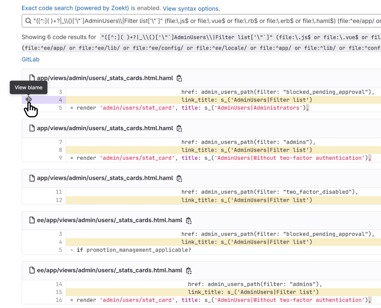 GitLab code search displaying results for a string