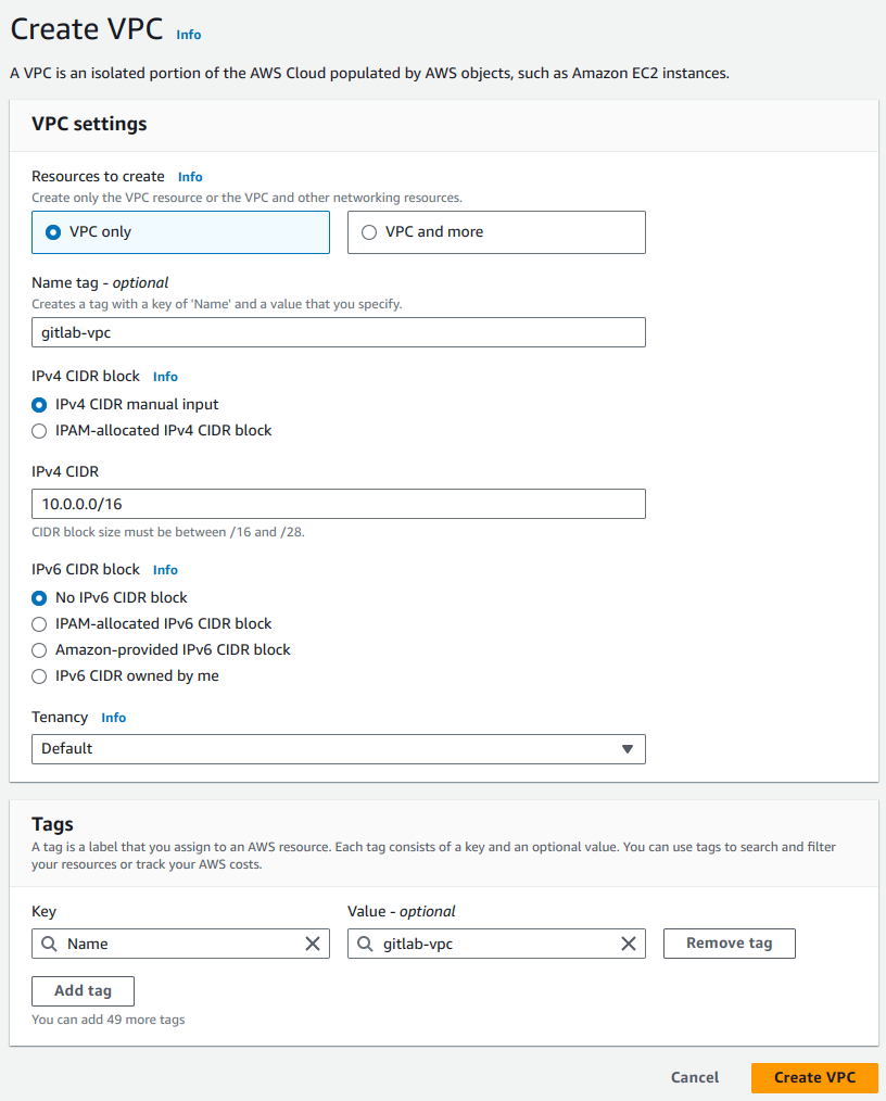 Create a VPC for GitLab cloud infrastructure