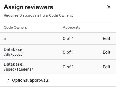The Assign Reviewers drawer for a merge request that requires 3 Code Owner approvals, but has none. It shows one line per Code Owner rule, and one line per approval rule. You can select reviewers for each rule.